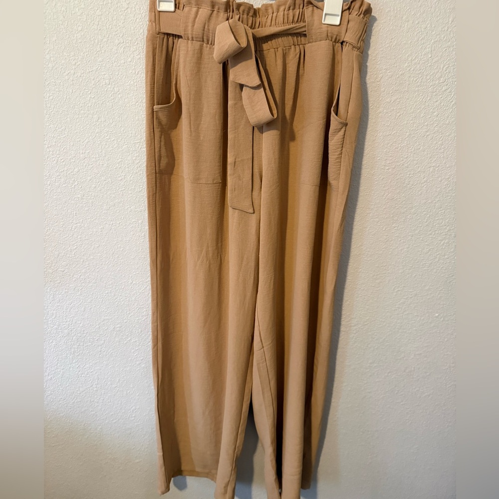 Tan High-Waisted Tie Pants